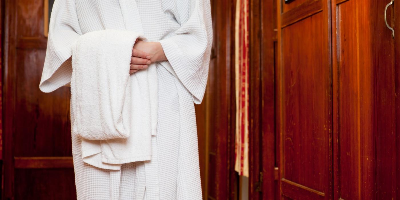 Relaxing in a robe at the spa